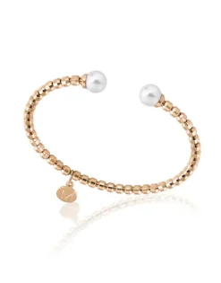 Majorica Pulsera Rigida De Acero Dorado Carmen Con Perlas Blancas| Brazaletes Rígidos