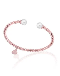 Majorica Pulsera Rigida De Acero Rosado Carmen Con Perlas Blancas| Brazaletes Rígidos