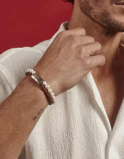 Majorica Pulsera Sailor De Cuero Marron Y Perlas Blancas 21Cm| Pulseras De Cuero