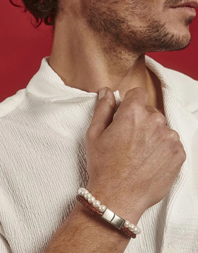 Majorica Pulsera Sailor De Cuero Marron Y Perlas Blancas 21Cm| Pulseras De Cuero