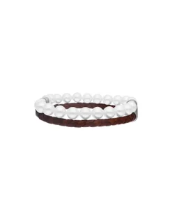 Majorica Pulsera Sailor De Cuero Marron Y Perlas Blancas 22Cm| Pulseras De Cuero