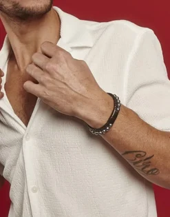 Majorica Pulsera Sailor De Cuero Y Perlas Grises 22Cm| Pulseras De Cuero